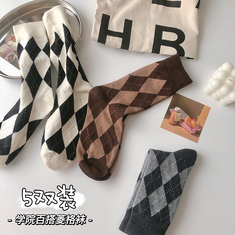 复古菱格袜子女中筒袜ins潮纯棉春秋日系秋冬学生网红款长袜女