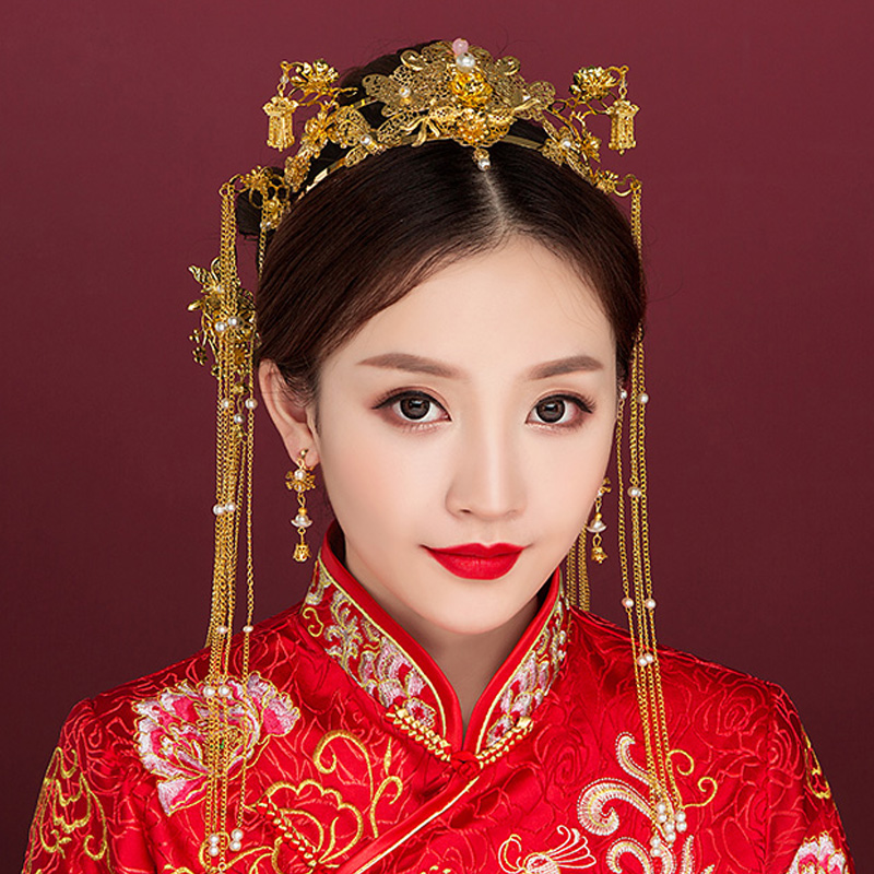 2018新款中式新娘头饰古装秀禾服头饰流苏复古凤冠结婚发饰套装