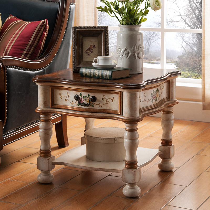 欧式边几实木田园手绘沙发边小茶几角几复古做旧白色白色蓝色包邮