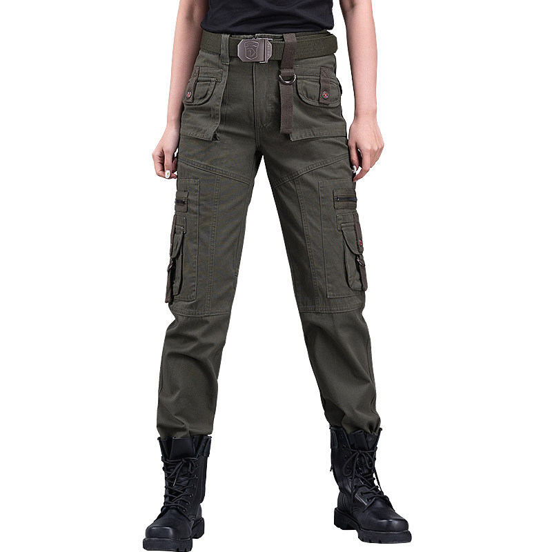 军野行户外女士休闲裤宽松显瘦工装作训裤军绿色纯棉多口袋女军裤