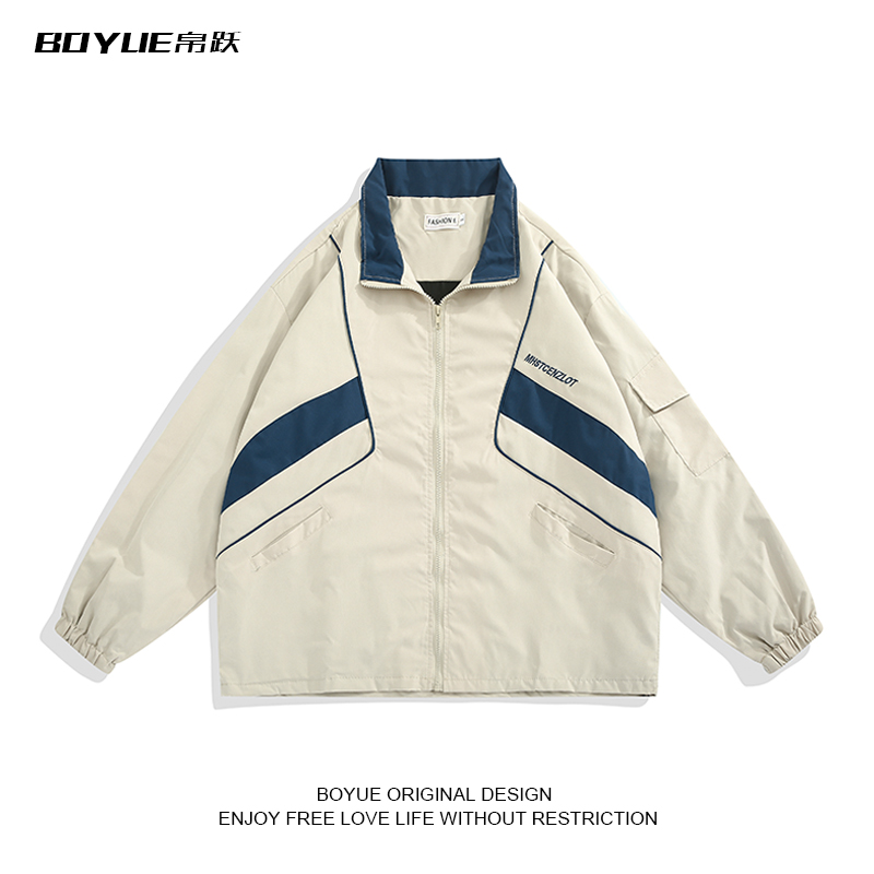 BOYUE帛跃秋季拼色运动立领夹克港风休闲宽松男复古工装外套潮牌