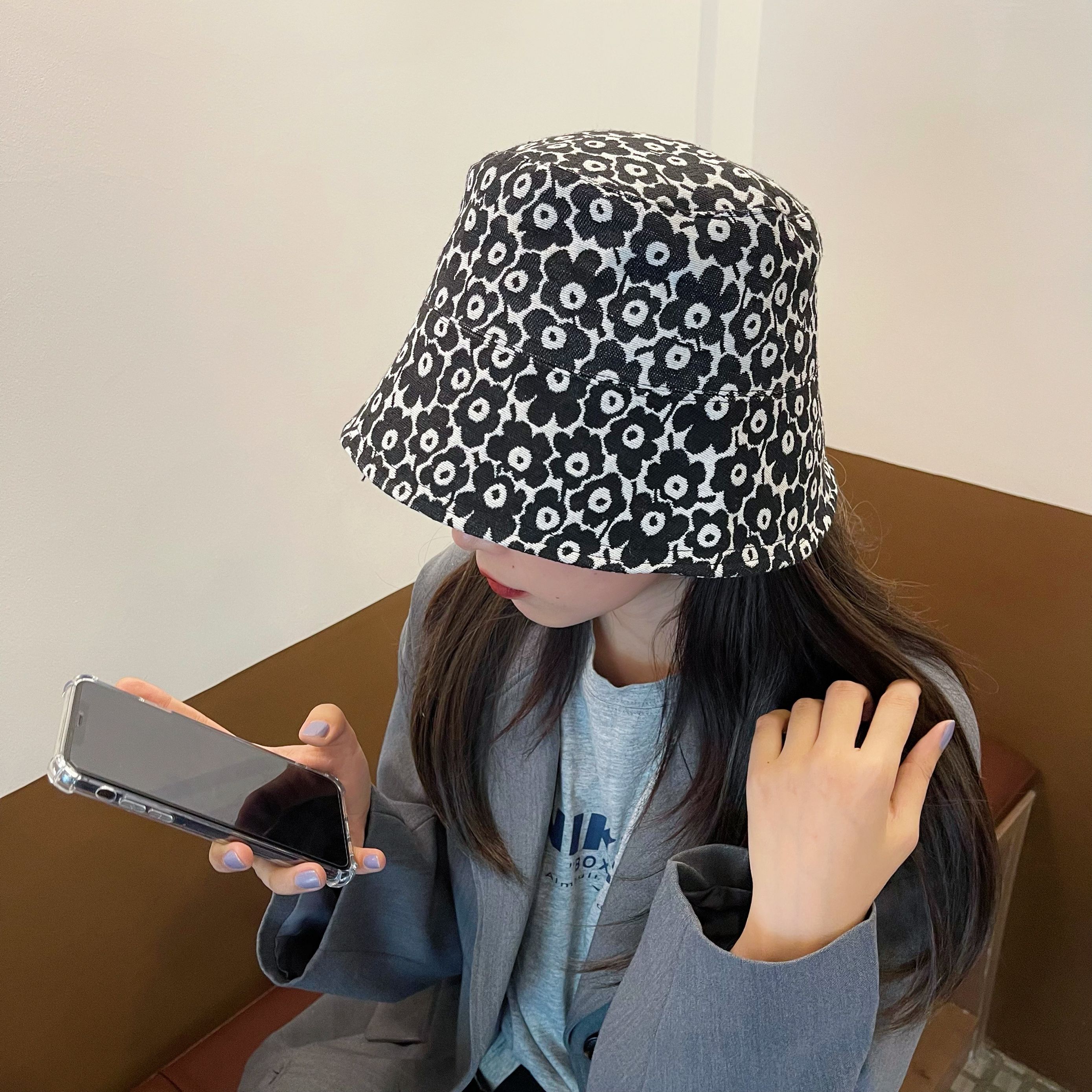 uncleyao渔夫水桶日式花花和风适合圆脸大头欧尼帽子