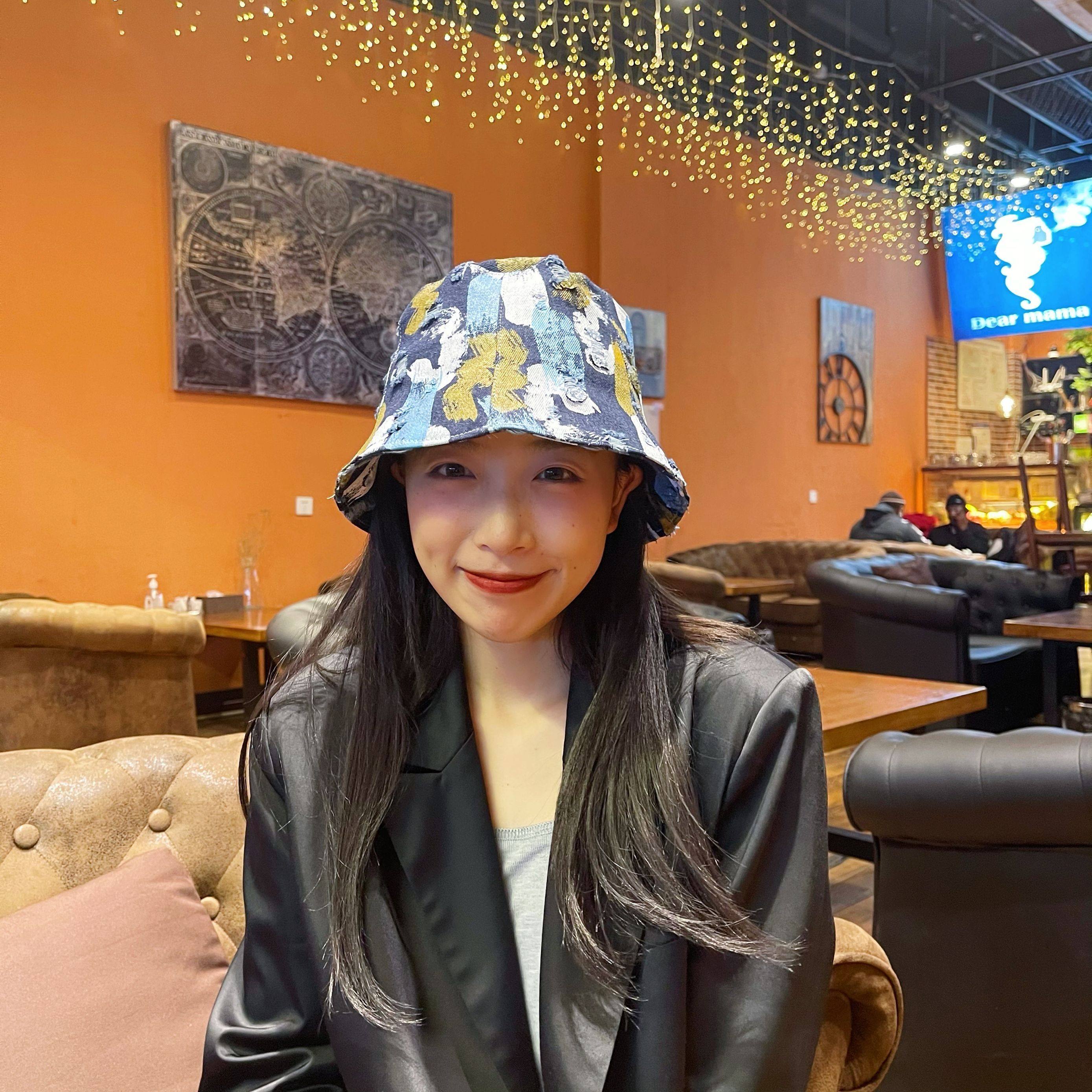 姚叔叔泼墨水桶牛仔破洞做旧涂鸦粉刷新款春夏帽子