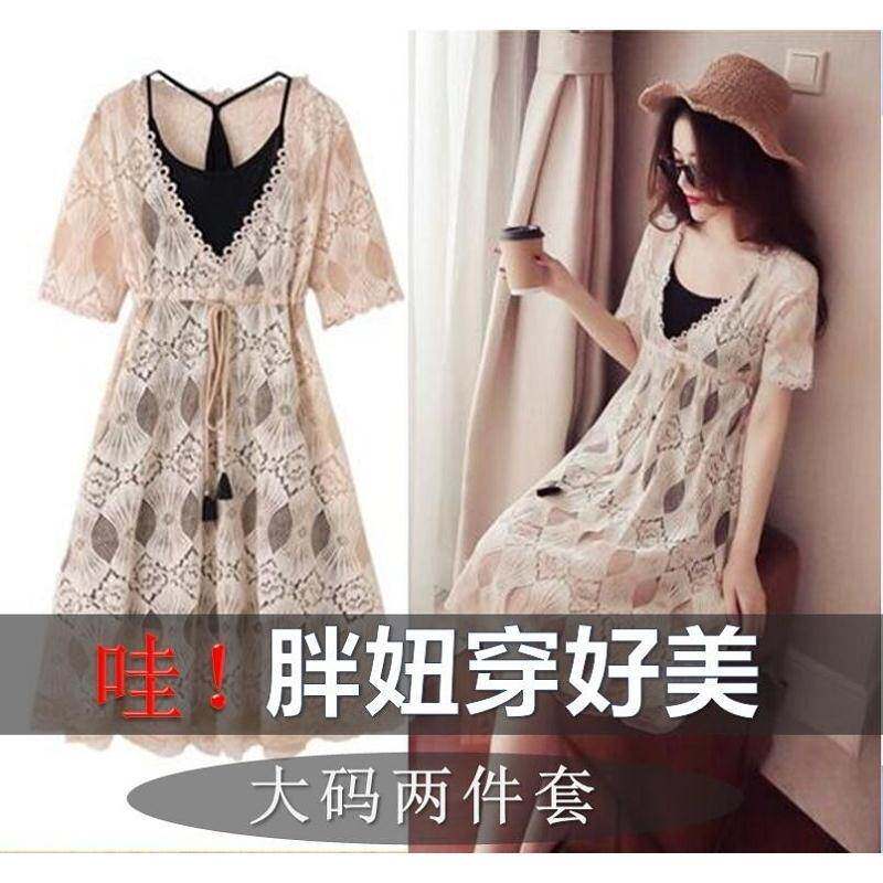 件套蕾丝女人女装肥大两件mm连衣裙肚子遮肉连衣裙