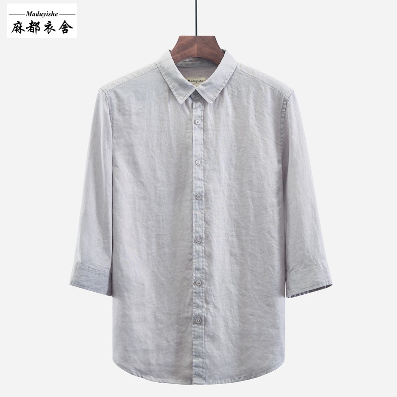 韩版男士亚麻衬衫方领开衫宽松休闲透气麻料衬衣青年七分袖上衣男