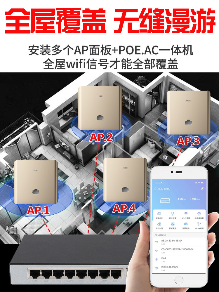 h3c华三h8吸顶式无线ap面板 嵌入86型墙壁千兆双频1200m智能5g路由器