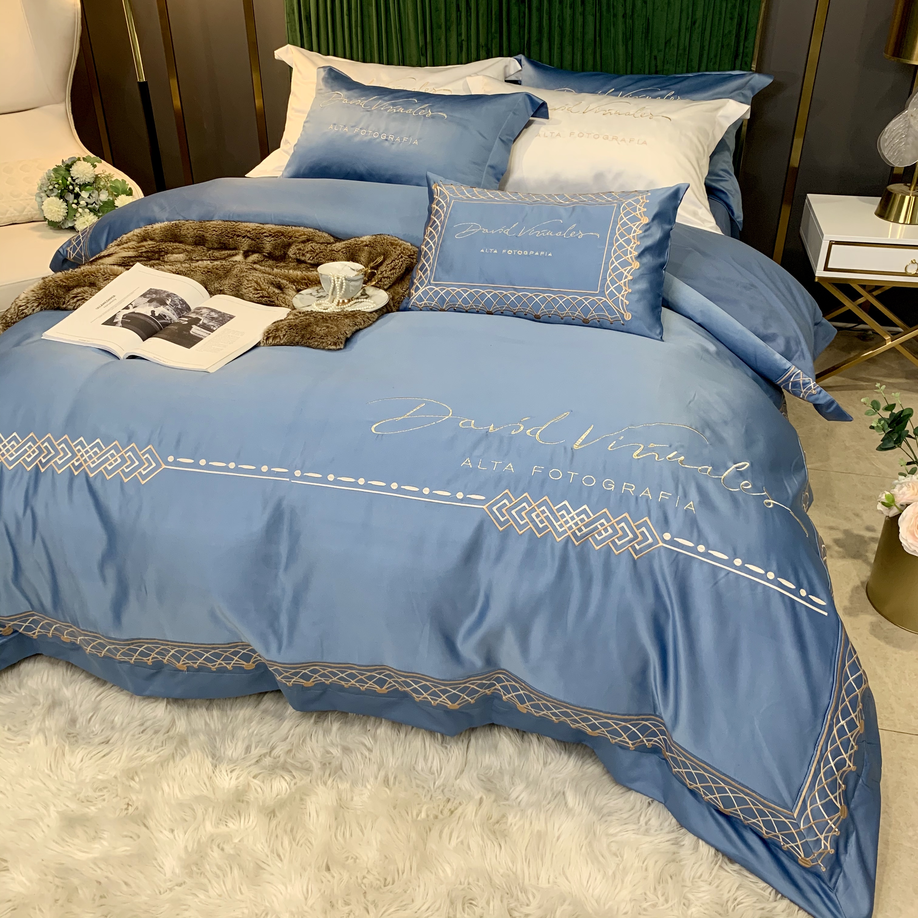 夏季轻奢欧式纯棉床单四件件套水洗真丝刺绣床品套件