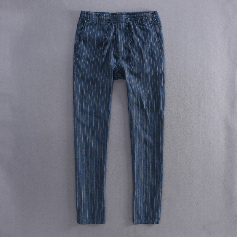 男士亚麻裤夏季薄款麻料日系条纹宽松松紧腰沙滩裤子棉麻休闲长裤