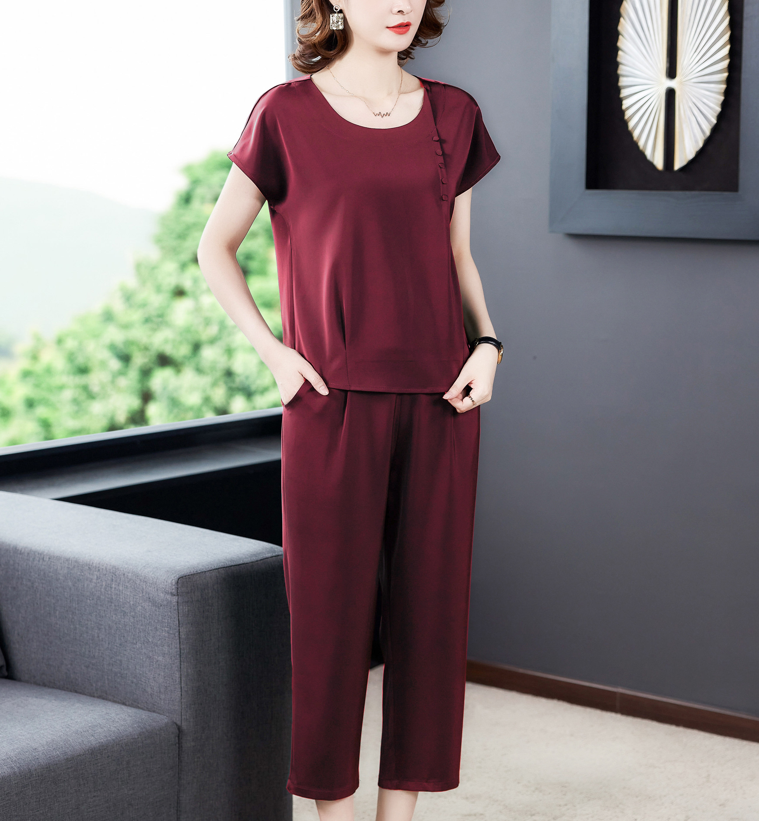 桑蚕蚕丝两件件套中年妈妈夏装真丝大码女装时尚套装