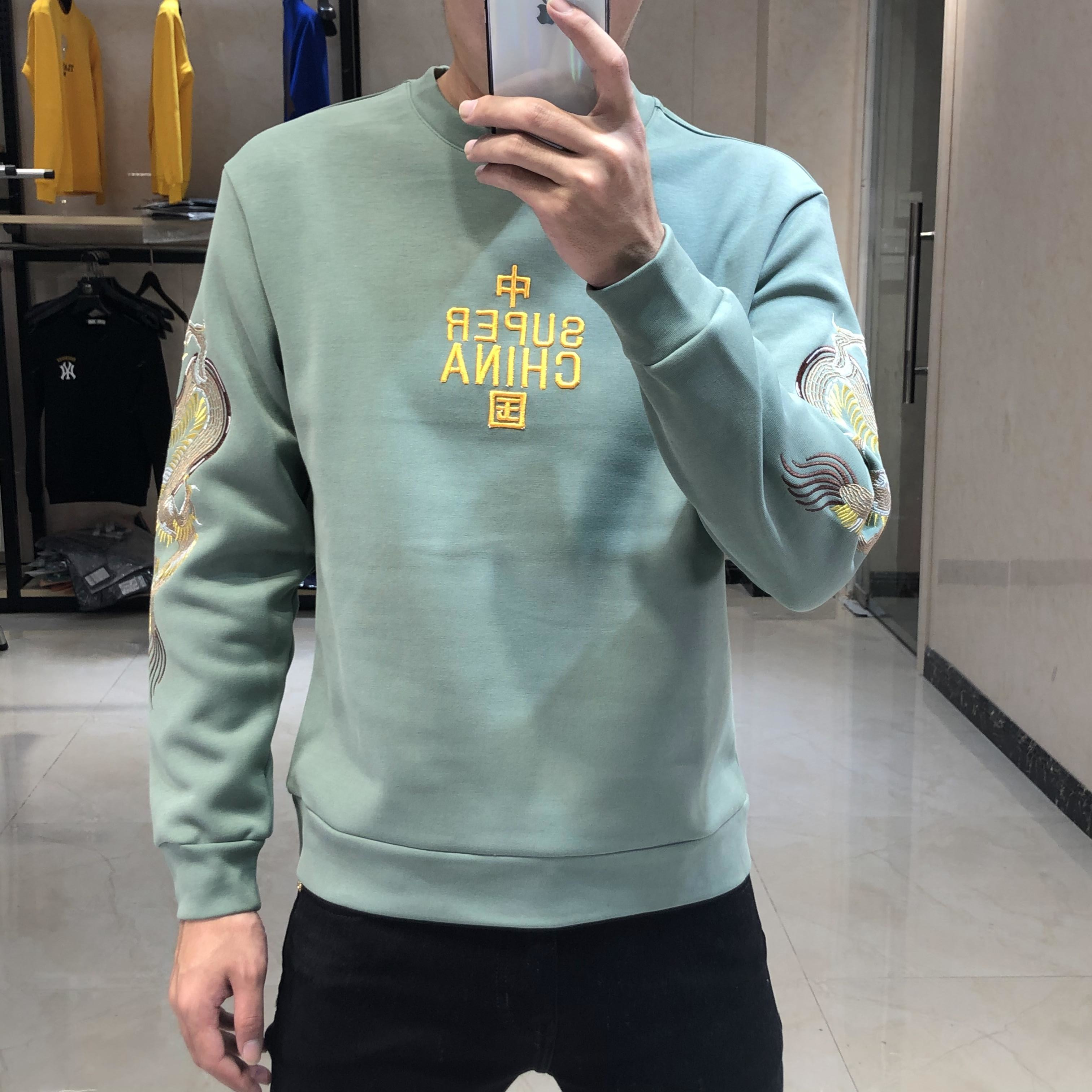 男士秋冬新款个性潮流修身帅气圆领套头龙图腾重工刺绣国潮卫衣男