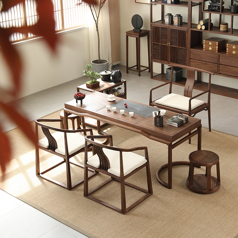 北美黑胡桃木茶桌实木新中式茶桌椅组合茶台禅意客厅原木茶室家具 - 