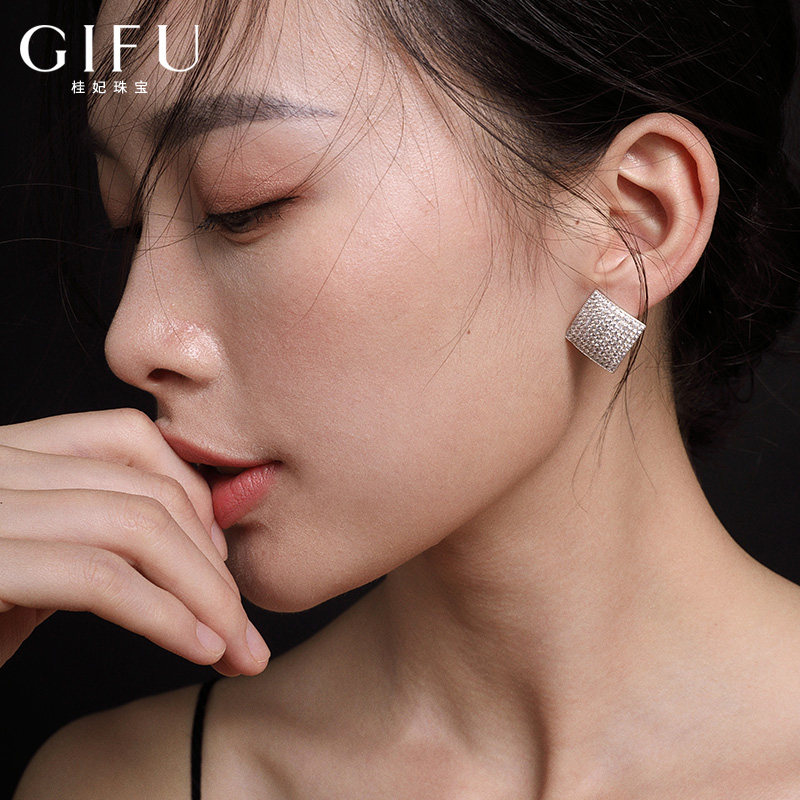 纯银大耳钉女夸张气质方菱形耳扣式耳环水钻耳夹耳饰2021年新款潮
