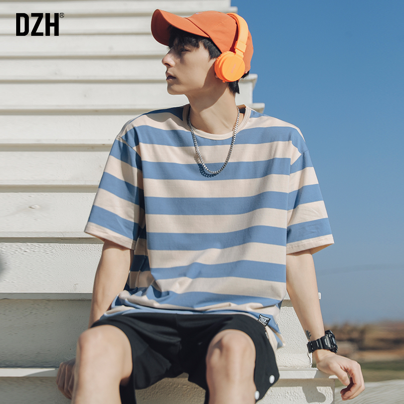 男士纯棉条纹t恤男短袖宽松潮牌夏天男装2022新款潮衣服夏季体恤