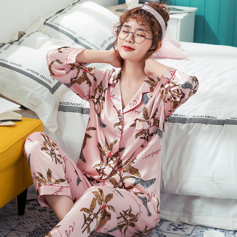 女士长袖真丝睡衣春夏季薄款冰丝套装休闲时尚家居服睡衣