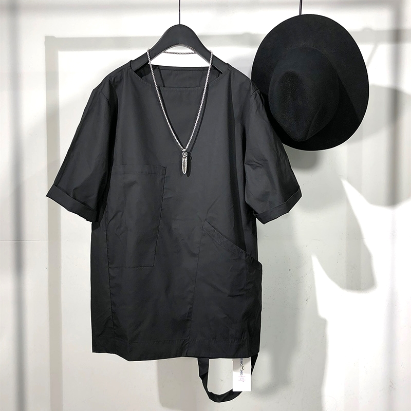 2022原创夏季暗黑系潮牌多口袋宽松短袖T恤日系休闲简约工装上衣