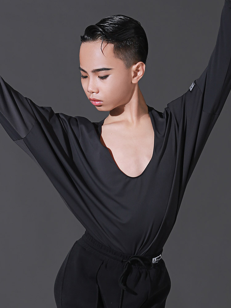 姿仍美新款拉丁舞男童比赛服练功长袖上衣男孩舞蹈拉丁舞上装