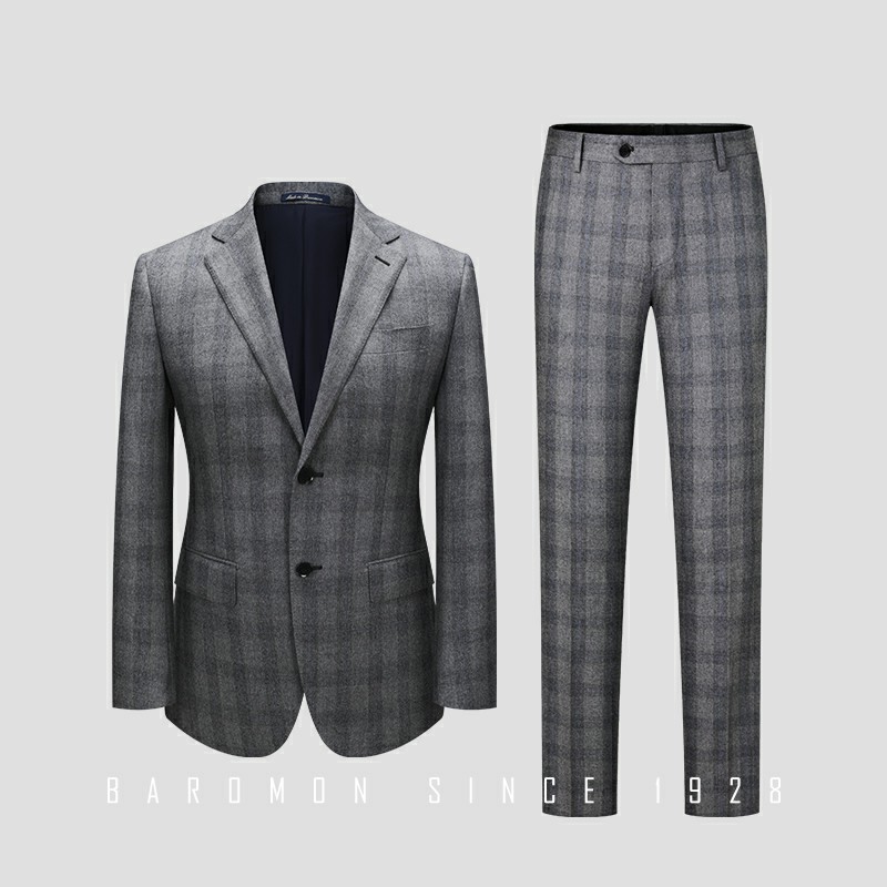 培罗蒙纯羊毛男士西装商务务正灰色格子双开西服套装