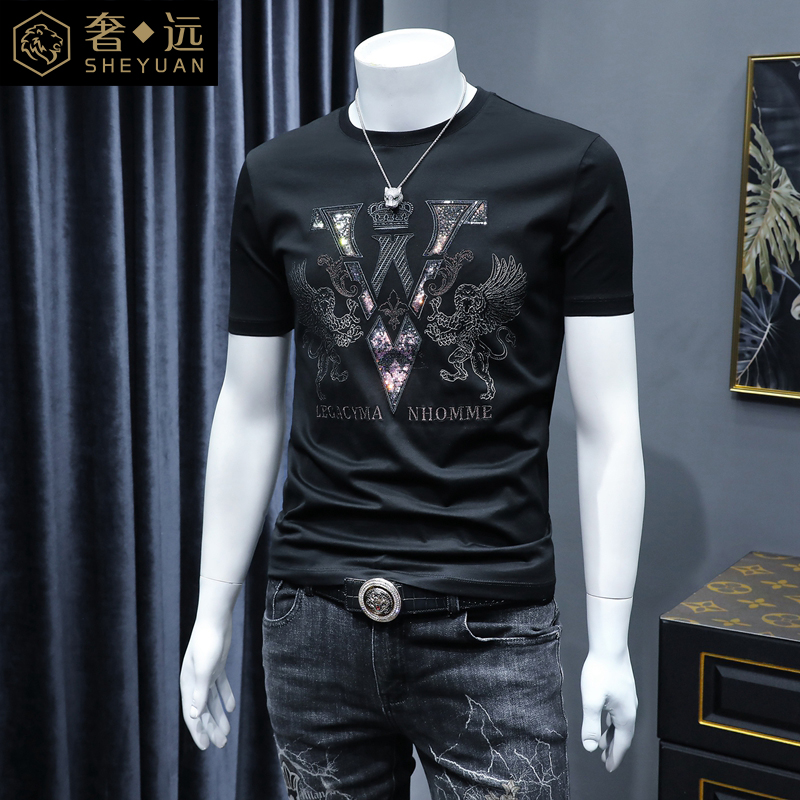 奢远刺绣黑色短袖t恤男修身2021夏季新款男士体恤薄款纯棉潮半袖