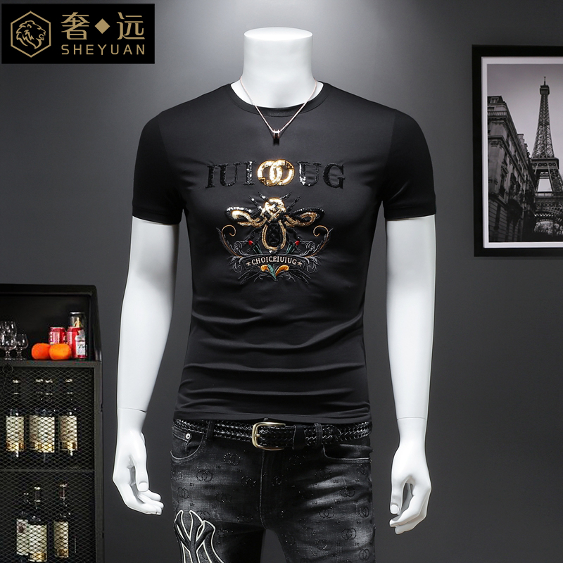 个性男士t恤纯棉短袖男2022夏季新款潮牌潮流修身刺绣丝光棉体恤
