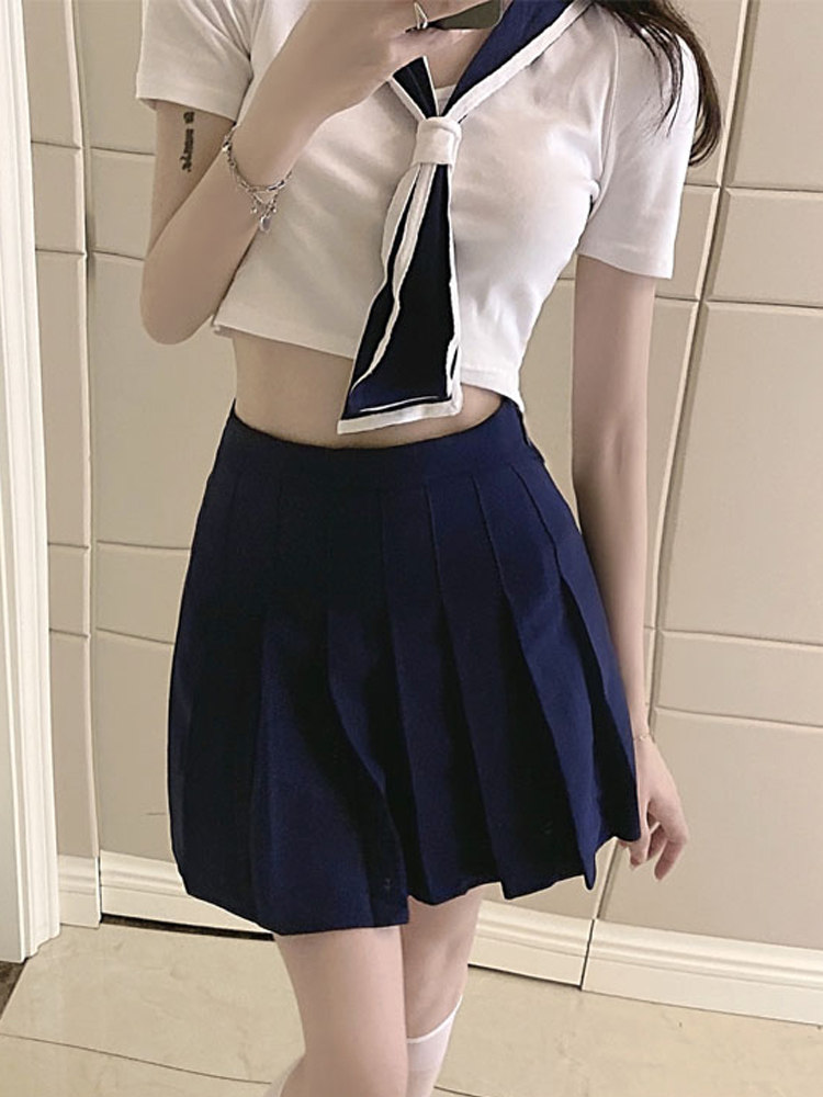 jk短裙短款海军风海学院百褶制服高腰新款大码女装