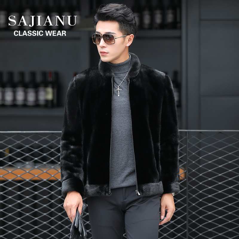 2020新款貂皮外套男棒球领整貂水貂毛大衣短款海宁青年皮草裘皮冬