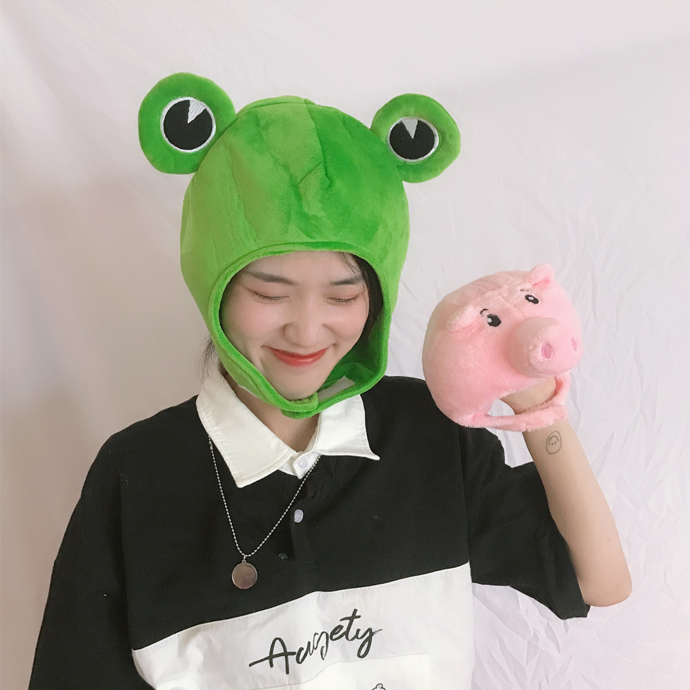 头套日系少女ins搞怪绿色大眼睛青蛙帽子拍照帽子
