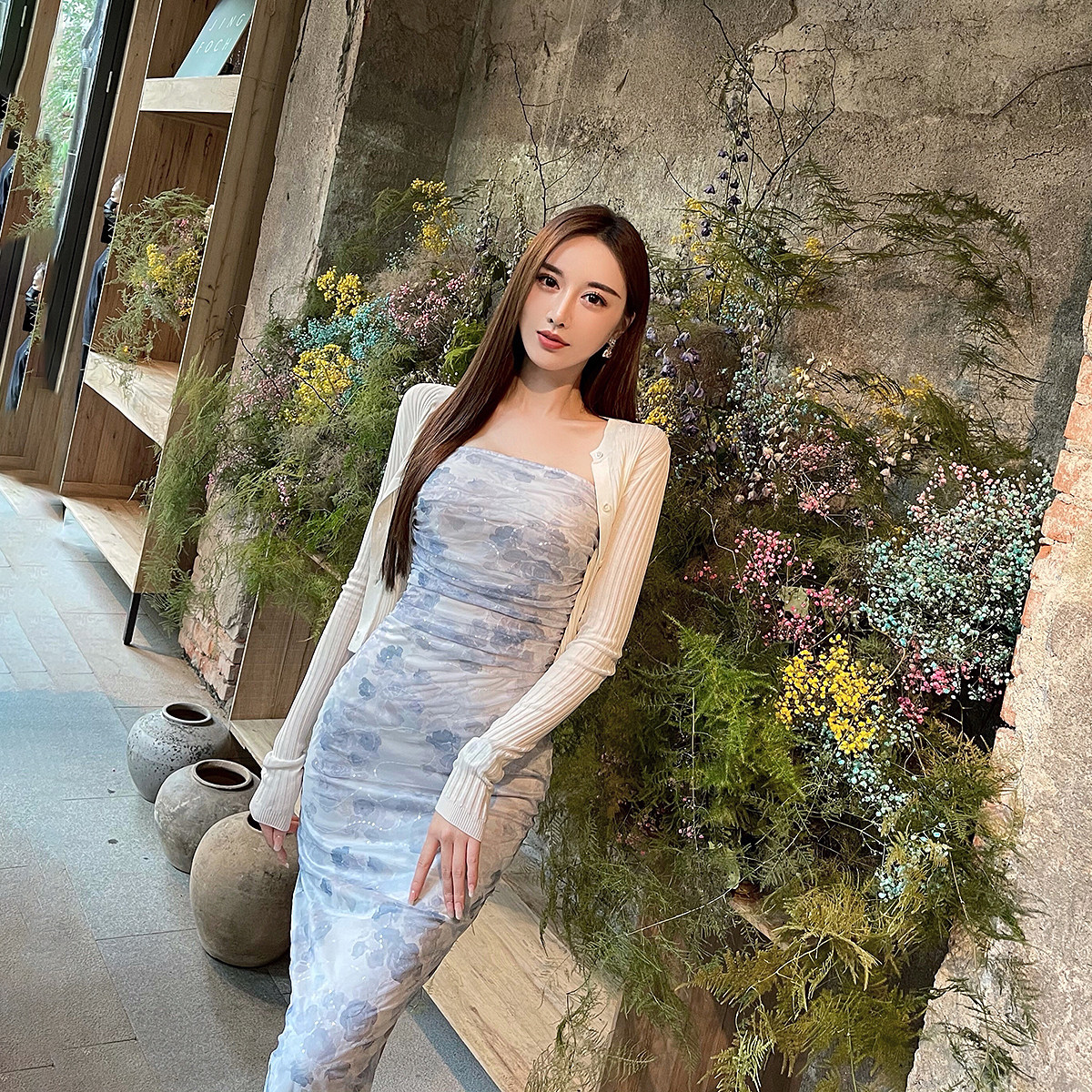 sx善喜灰蓝色印花网纱绣珠片抹胸连衣裙收腰性感连衣裙