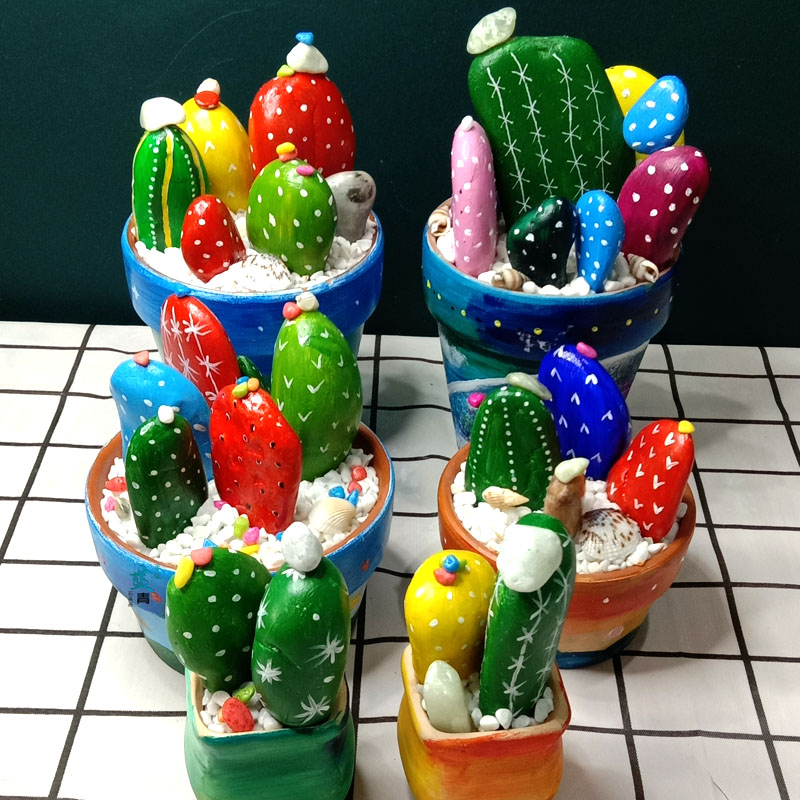 仙人掌盆栽diy涂鸦手工石头画拼画儿童创意美术作品其他手工制作