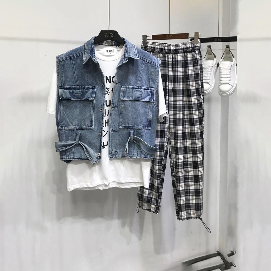 潮牌休闲流行青年修身单排扣口袋装饰无袖牛仔马甲背心外搭青春男