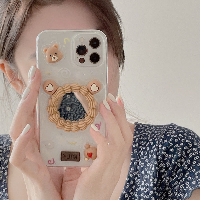 奶油小熊镜子红米k40手机机壳k30k20立体手机保护套