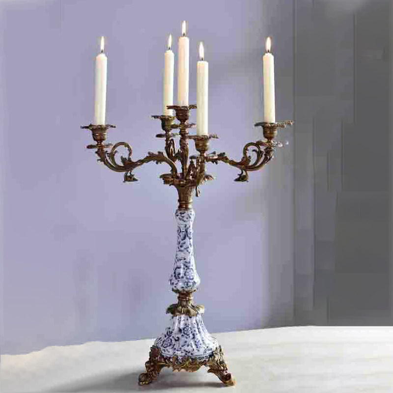 烛台欧式纯铜蜡烛美式奢华青花瓷多头法式家居饰品烛台