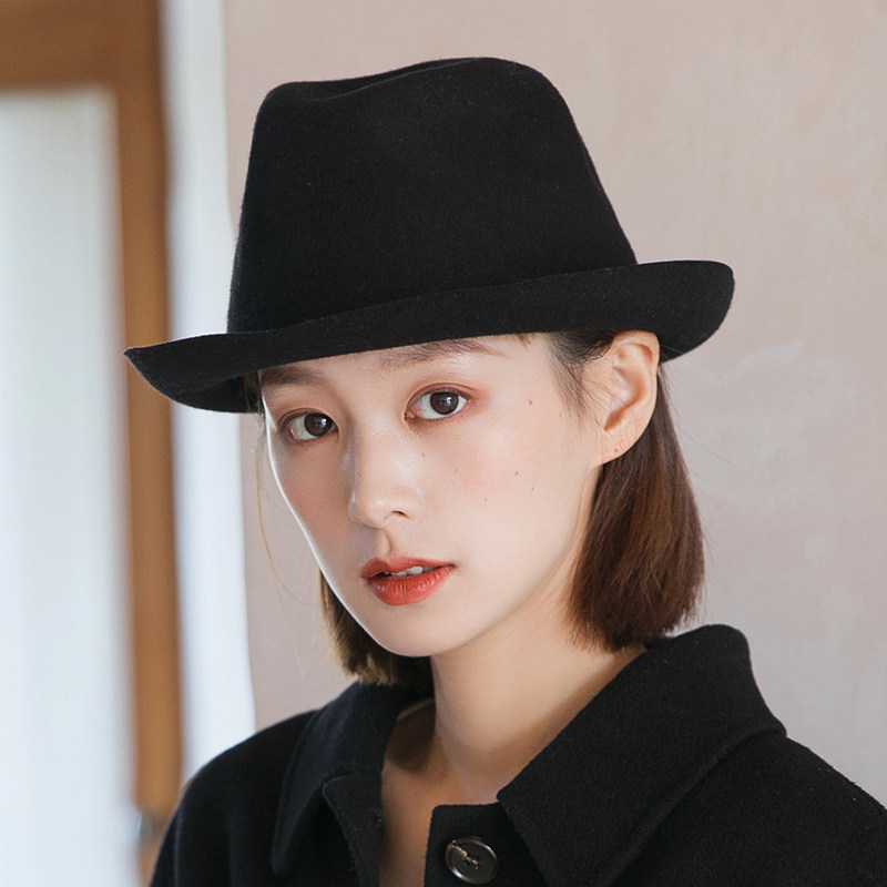 黑色礼帽女超超薄可折叠复古英伦羊毛毛呢毡帽帽子