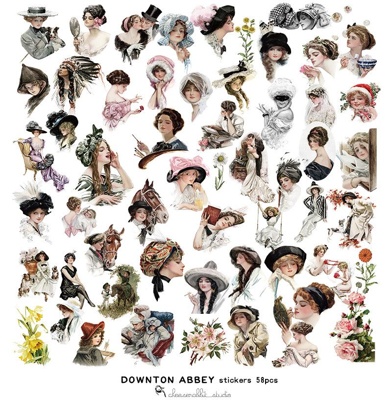 兔子家vintage 手帐素材 手账贴纸复古tn唐顿庄园硫酸纸贴纸56pcs