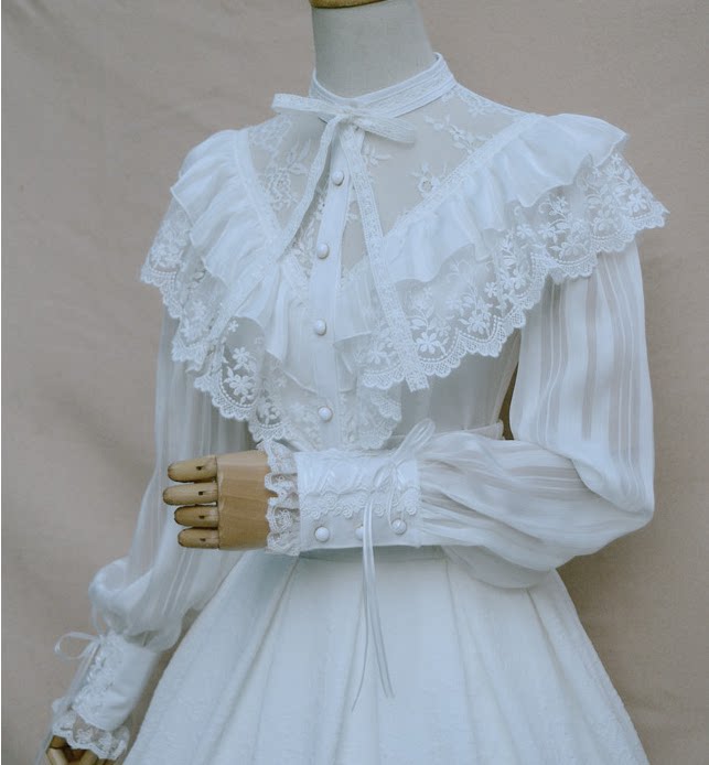 春季洛丽塔复古宫廷衬衣长袖雪纺立领蕾丝蕾丝灯衬衫