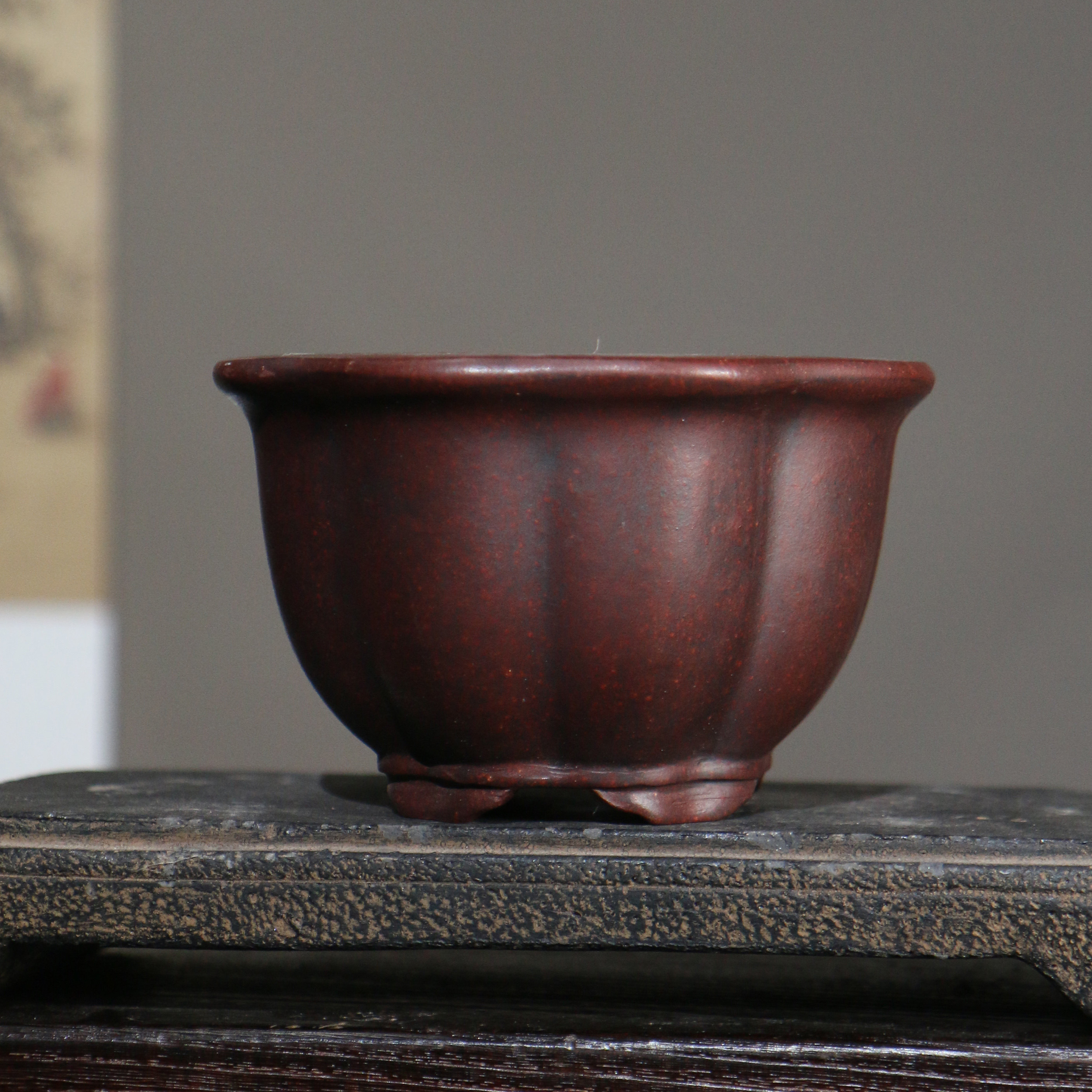 盆景宜兴紫砂花盆微型棱花手工古铜禅意花盆