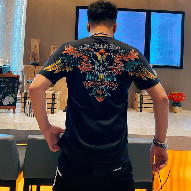 烫钻十字架T恤男装丝光棉欧洲站潮牌天使翅膀修身休闲短袖男上衣