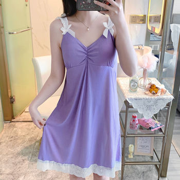 Summer suspender nightgown ສໍາລັບແມ່ຍິງ, ຝ້າຍບໍລິສຸດທີ່ມີ pads ເຕົ້ານົມ, pajamas ສະເຫຼີມສະຫຼອງອິນເຕີເນັດ, lace, ແບບ Princess ງາມ, ເຄື່ອງນຸ່ງຫົ່ມເຮືອນບາງໆ