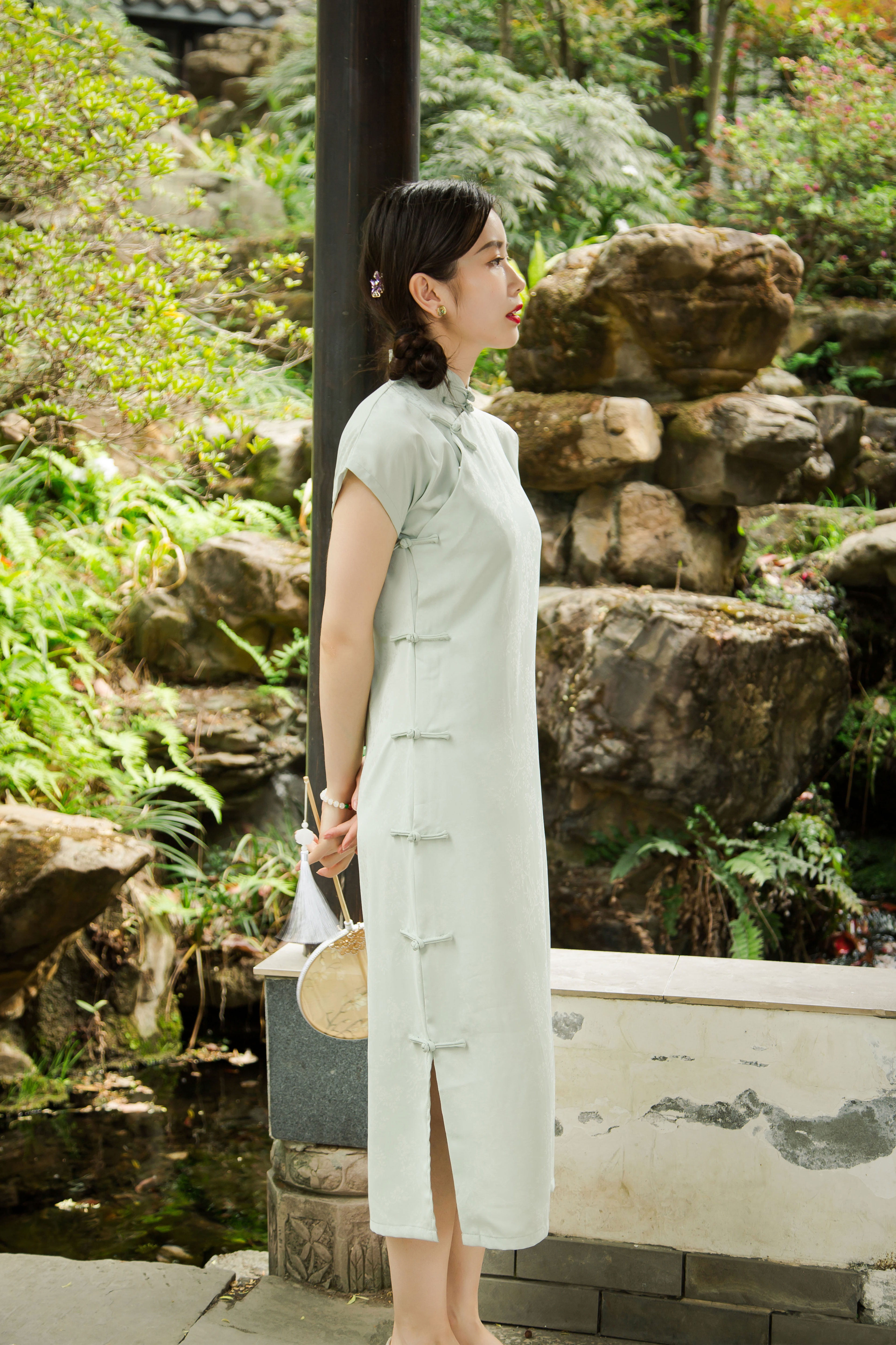 古法淡绿色提花少女年轻文艺民国国风全开开襟旗袍