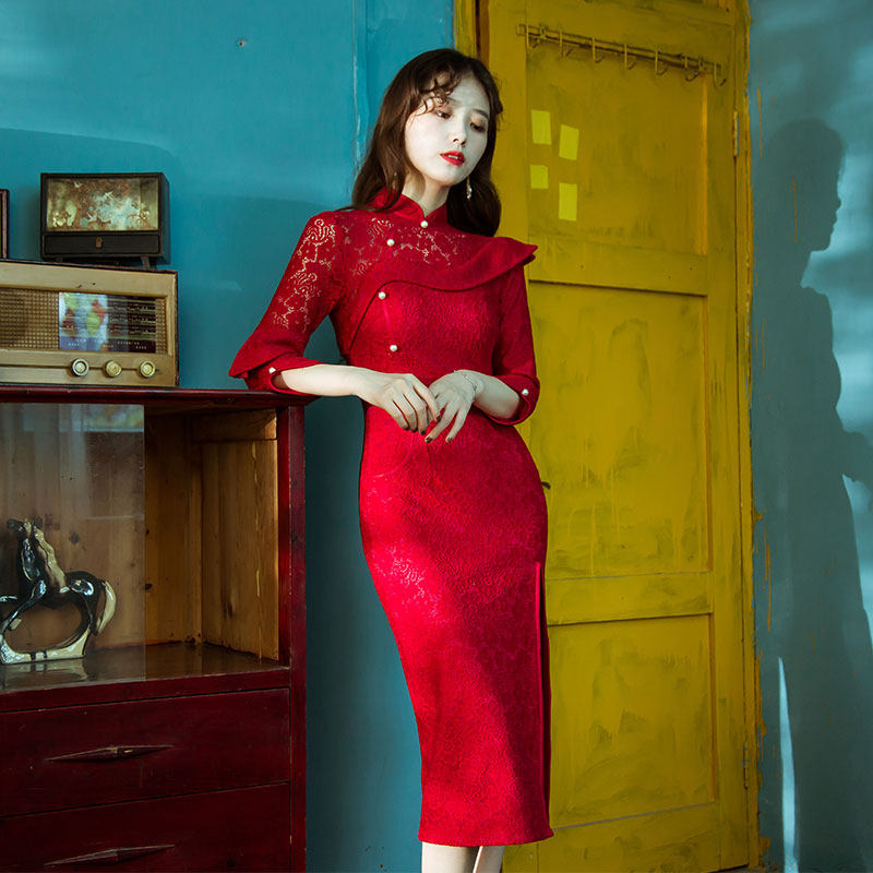复古透视红色蕾丝旗袍年轻性感优雅长款宴会旗袍