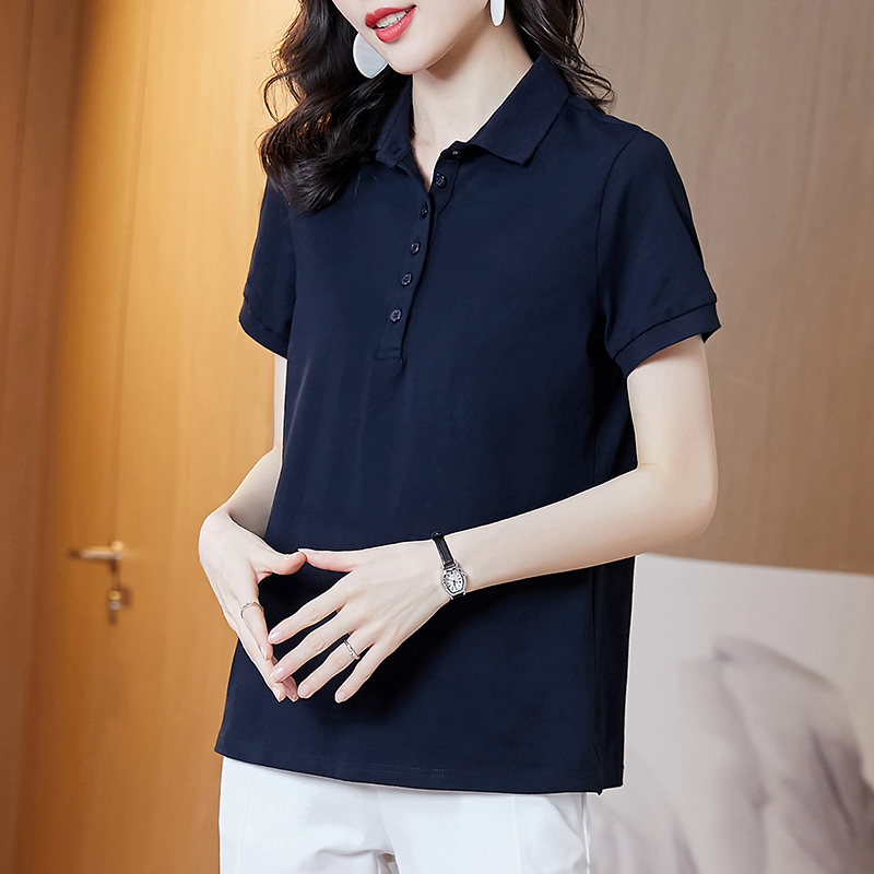 藏蓝色polo领t恤女短袖2022夏季新款POLO衫中年妈妈遮肚短款上衣