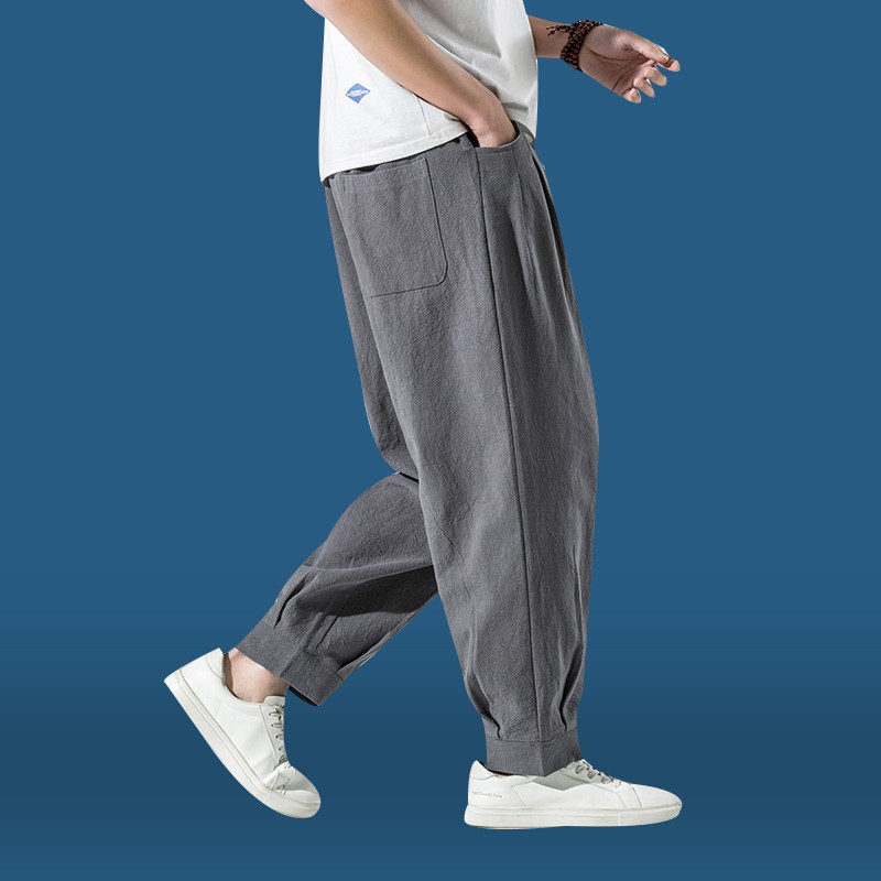 裤子中国国风男装亚麻休闲裤哈伦宽松大码复古休闲裤