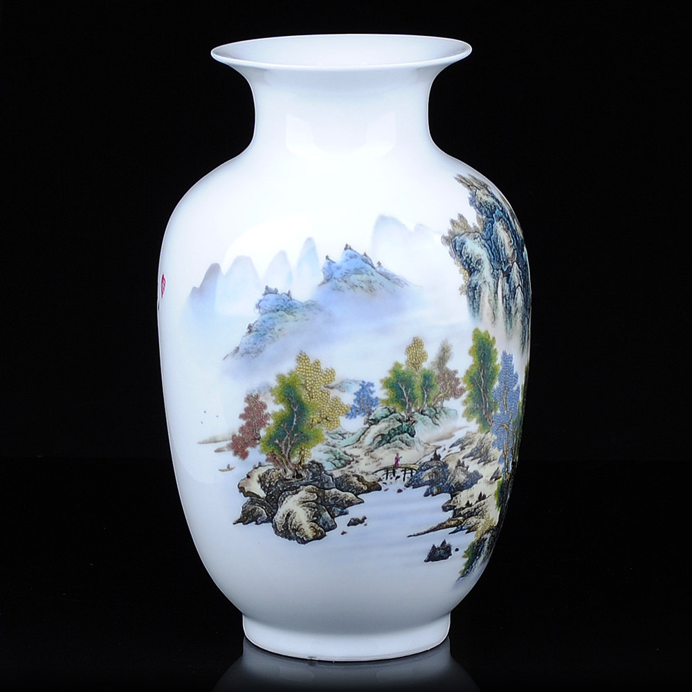 景德镇陶瓷器粉彩山水画山川秀色花瓶现代时尚家居客厅花瓶