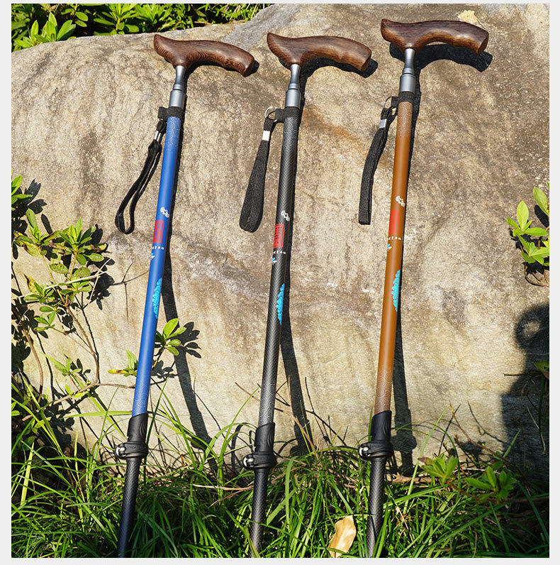 登山杖超轻轻巧可伸缩拐杖鸡翅木手柄老人拐棍碳素登山杖