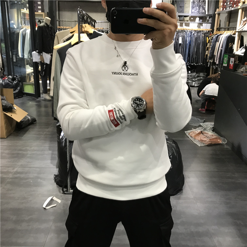 加绒卫衣秋冬新款男士上衣圆领刺绣潮牌文艺青年港风休闲打底衫男