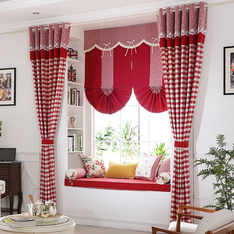 红格印象红色格子法式窗帘蕾丝卧室室主遮光定制窗帘