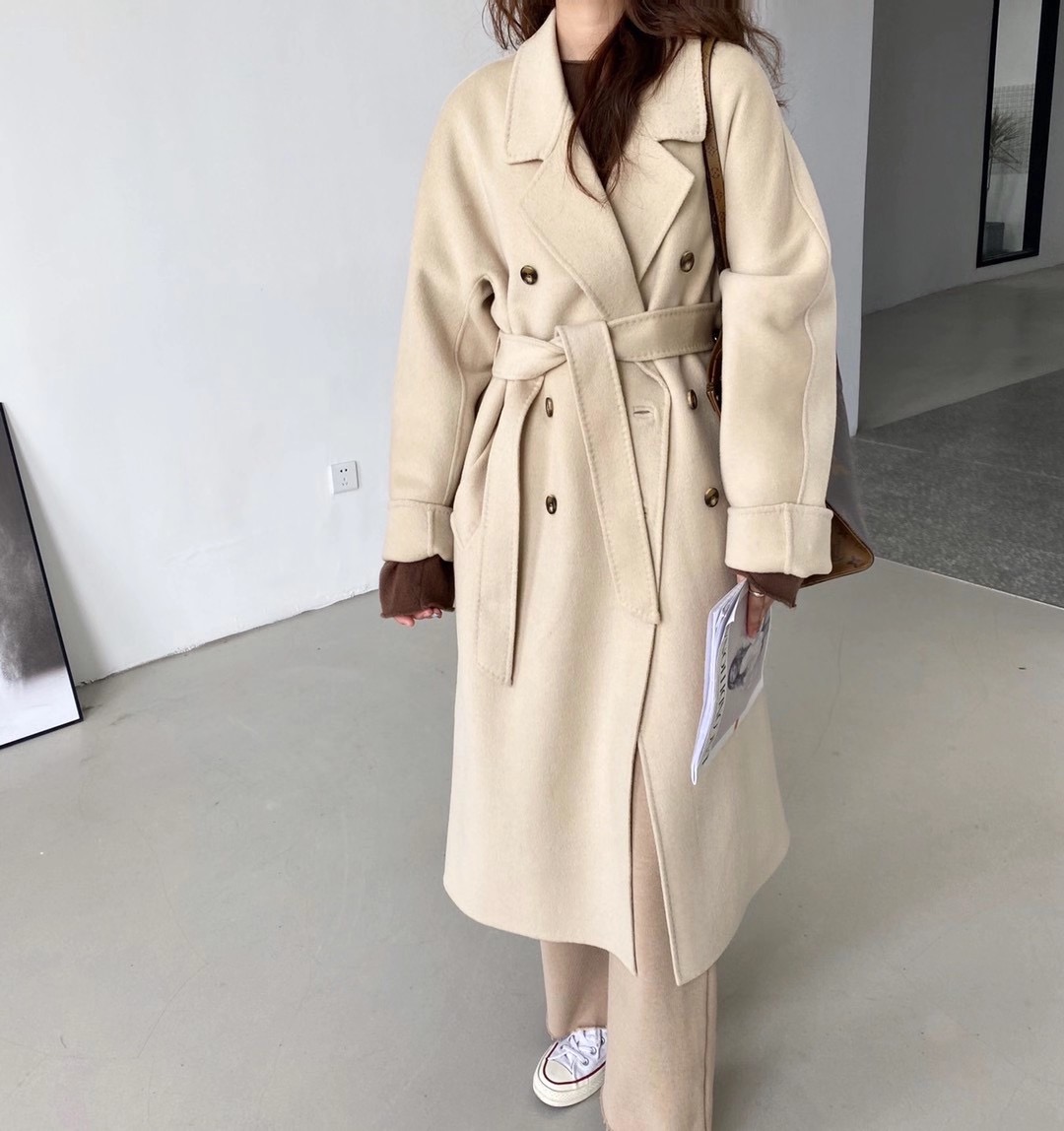 高端经典双面羊绒大衣女中中长款系腰带宽松毛呢外套