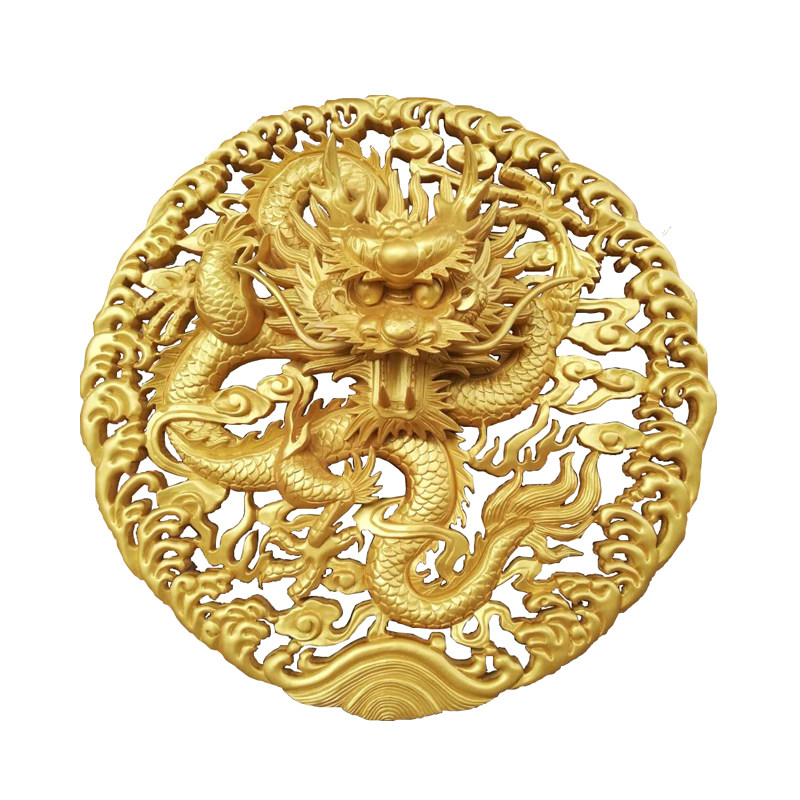 东阳木雕实木手工雕刻仿古镂空圆形龙盘祥云木雕
