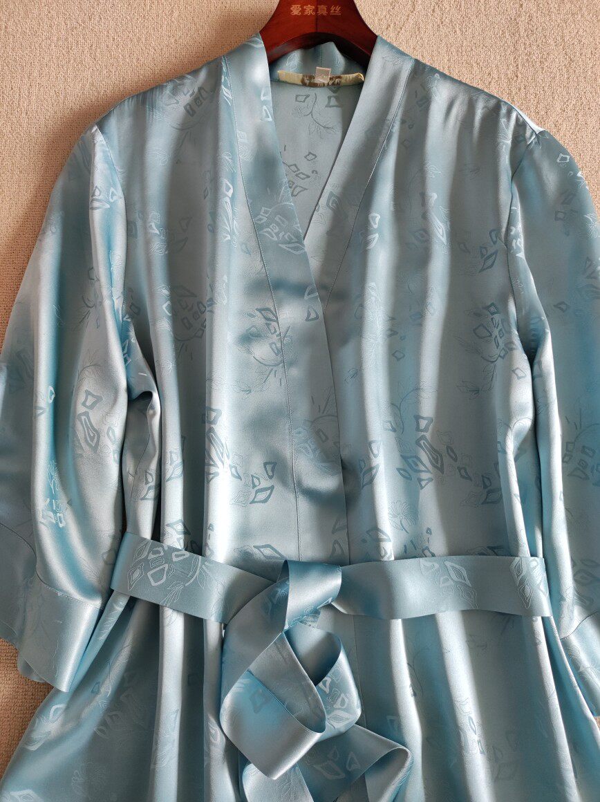 重磅纯真丝缎面女士睡袍 桑蚕丝丝绸纯色半袖舒适家居服浴袍睡衣