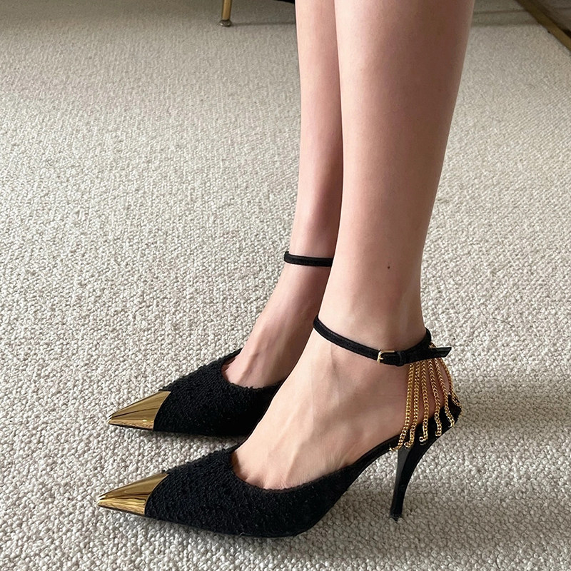 rose朴彩英同款黑色高跟鞋女细2022年新款气质女神范一字带凉鞋