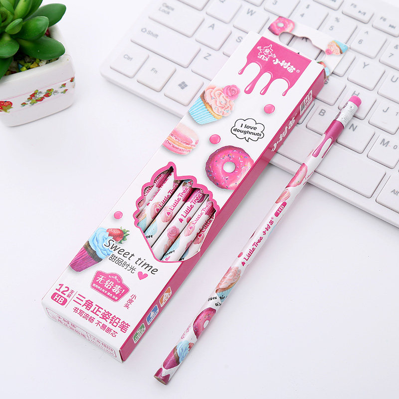 小树苗铅笔12支装三角杆造型带橡皮写字笔hb美术绘画学生学习文具